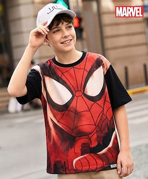 Pine Kids Marvel Single Jersey Knit Drop Shoulder Half Sleeves Oversized T-Shirt with Spiderman Graphics - Red & Black