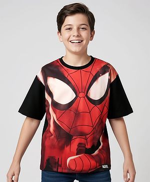 Pine Kids Marvel Single Jersey Knit Drop Shoulder Half Sleeves Oversized T-Shirt with Spiderman Graphics - Red & Black