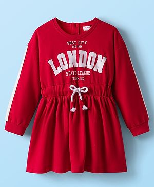 Babyhug Cotton Woven Full Sleeves Winter Frock with London Print & Cinched Waist - Red