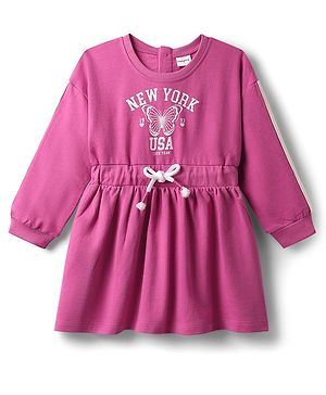 Babyhug Cotton Woven Full Sleeves Winter Frock with Text Print - Pink