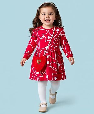 Babyhug Cotton Knit Full Sleeves Frock & Legging With Heart Shaped Sling Bag & Heart Print - Red & White