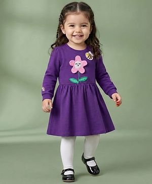 Babyhug Cotton Knit Full Sleeves Frock With Legging & Floral Applique - Purple