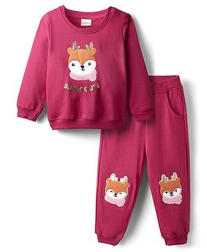 Babyhug Terry Knit Full Sleeves Top & Lounge Pant Set With Animal Patch - Maroon