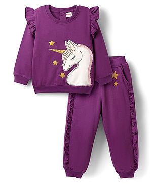 Babyhug Terry Knit Full Sleeves Top & Lounge Pant Set With Unicorn Patch - Purple