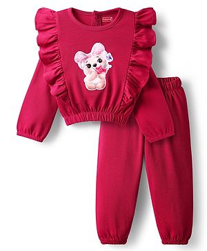 Babyhug Interlock Knit Full Sleeves Top & Trouser Set With Animal Patch - Maroon