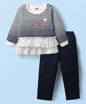 Babyhug Interlock Knit Full Sleeves Striped Top & Trouser Set with Polka Dots Print - Navy Blue & White