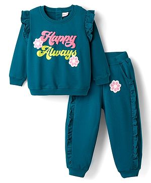 Babyhug Terry Knit Premium Light Gauge Terry Full Sleeves Top & Lounge Pant Set with Text Print & Frill Detailing - Teal Blue