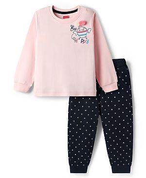 Babyhug Interlock Knit Full Sleeves Top & Lounge Pant Set With Bee & Polka Dot Print - Pink & Navy Blue