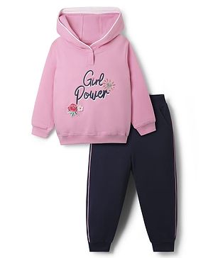 Babyhug Terry Knit Full Sleeves Hooded Top & Lounge Pant Set With Floral Patch & Sequin Detailing - Pink & Navy Blue