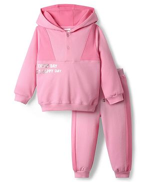 Babyhug Terry Knit Full Sleeves Hooded Sweatshirt & Lounge Pant Set With Text Print - Pink