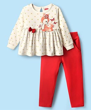 Babyhug Interlock Knit Full Sleeves Top & Lounge Pant Set With Animal Patch & Heart Print - White & Red