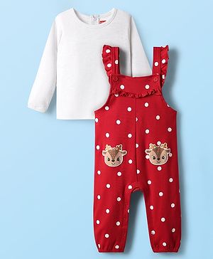 Babyhug Interlock Knit Full Sleeves T-Shirt & Dungaree With Polka Dots & Reindeer Print - White & Red