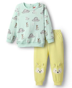 Babyhug Interlock Knit Full Sleeves Top & Pant Set With Animal Print - Light Blue & Yellow