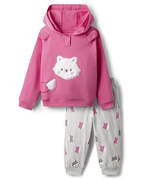 Babyhug Interlock Knit Full Sleeves Hooded Sweatshirt & Lounge Pant Set With Cat Print & Embroidery - Pink & White