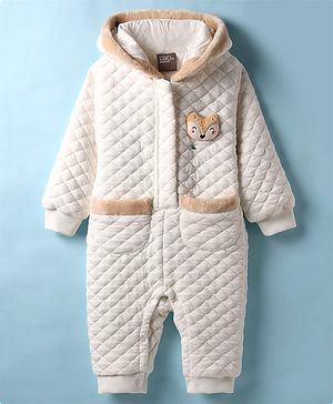 Little Kangaroos Woven Full Sleeves Hooded Winter Romper with Animal Applique - Offwhite