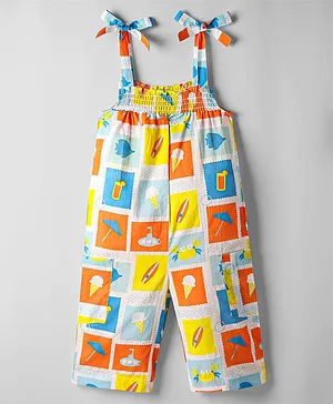 Kookie Kids Cotton Woven Sleeveless
                              Jumpsuit With Beach Theme Print & 2
                              Pockets - Multicolor