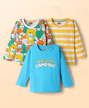 Babyhug 100% Cotton Knit Full Sleeves Striped T-Shirts with Jungle Theme Print Pack of 3 - Yellow White & Light Blue