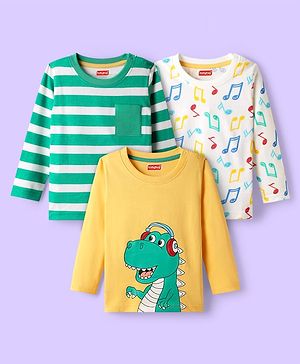 Babyhug 100 % Cotton Knit Full Sleeves T-Shirts & Dino Print Pack of 3 - Yellow Light Green & White