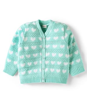 Babyhug Knit Full Sleeves Front Open Sweater With Hearts Design -Aqua Blue