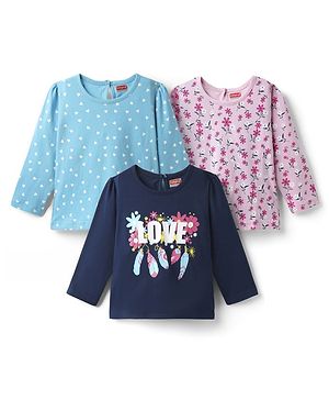 Babyhug 100% Cotton Knit Full Sleeves T-Shirts with Hearts & Floral Print Pack of 3 - Pink Light & Navy Blue