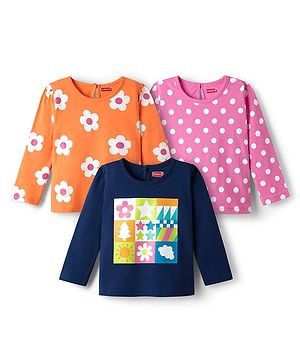 Babyhug 100% Cotton Knit Full Sleeves T-Shirts with Floral & Polka Dots Print Pack of 3 - Navy Blue Pink & Orange