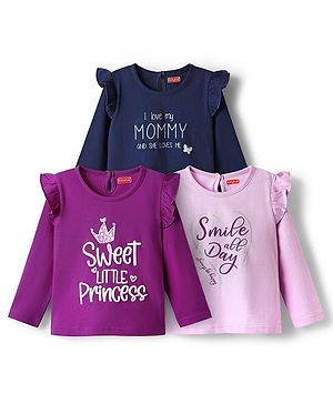 Babyhug 100% Cotton Knit Full Sleeves T-Shirts with Text Print Pack of 3 - Pink Navy Blue & Purple