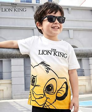 Babyhug Disney Single Jersey Knit Half Sleeves T-Shirt with Lion King Graphic and Ombre Effect - White & Yellow