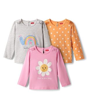 Babyhug 100% Cotton Knit Full Sleeves T-Shirts with Floral & Polka Dots Print Pack of 3 - Grey Pink & Orange
