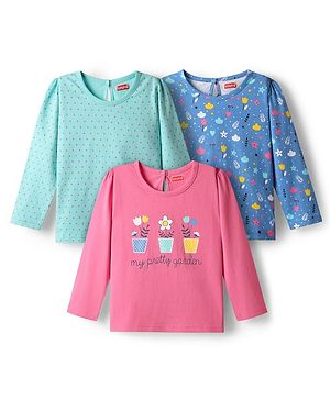Babyhug 100% Cotton Knit Full Sleeves T-Shirts with Floral & Polka Dots Print Pack of 3 - Pink Blue & Sea Green