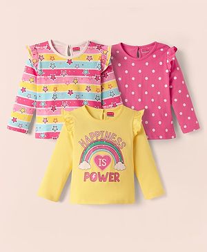 Babyhug 100% Cotton Knit Full Sleeves Striped T-Shirts with Star Polka Dots & Rainbow Print Pack of 3 - Pink Yellow & White