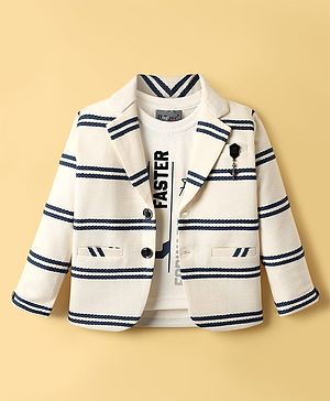 Dapper Dudes Full Sleeves Striped Blazer With Typography Printed Tee - Cream