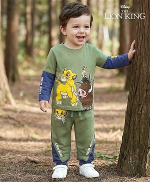 Babyhug Disney Single Jersey Knit Full Sleeve T-Shirts & Jogger with Lion King Graphic & Cut & Sew Design - Green & Blue