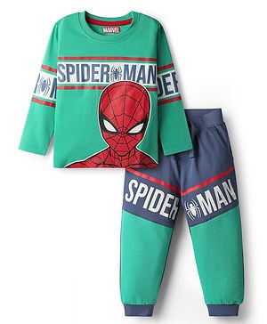 Babyhug Marvel Single Jersey Knit Full Sleeves Cut & sew T-Shirt & Jogger Set with Spider-Man Graphics - Green & Navy Blue