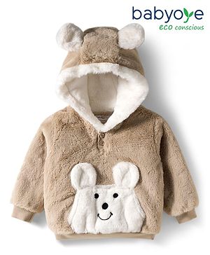 Babyoye Woven Full Sleeves Hooded Winter Jacket With Animal Embroidery & Kangaroo Pockets - Brown