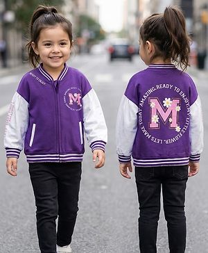Babyhug Cotton Knit Full Sleeves Bomber Jacket With Text Print - Purple & White