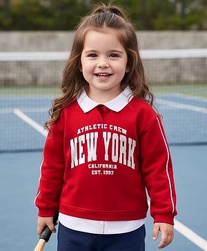 Babyhug Cotton Knit Full Sleeves Overlapped Sweatshirt With New York Print - Red