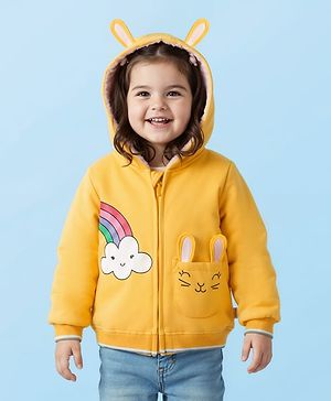 Babyhug Cotton Knit Full Sleeves Hooded Sweatjacket With Rainbow Graphics & Cat Embroidery - Yellow