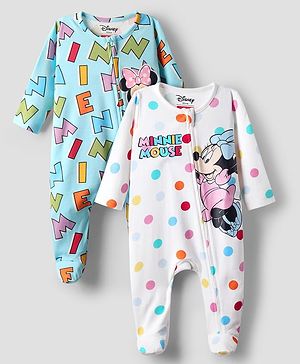 Babyhug Disney Interlock Knit Full Sleeves Footed Front Open Sleep Suits with Minnie Mouse Graphics Pack of 2 - White & Light Blue