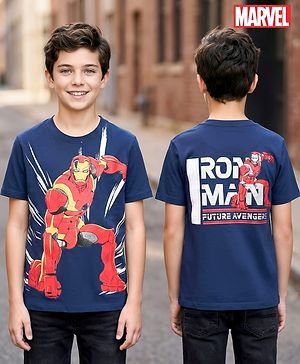 Pine Kids Marvel Single Jersey Knit Half Sleeves T-Shirt with Front and Back Iron Man Graphic - Navy Blue