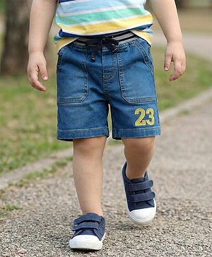 Babyhug Denim Mid Thigh Shorts With Number Embriodery - Blue