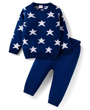 Babyhug Knit Full Sleeves Sweater Set with Star Design - Navy Blue
