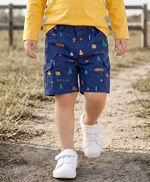 Babyhug Twill Woven Above Knee Length Bermuda With Stretch & Tree Print - Navy Blue