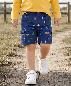 Babyhug Twill Woven Above Knee Length
                              Bermuda With Stretch & Tree Print -
                              Navy Blue