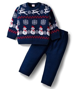 Babyhug Knitted Full Sleeves Pullover Sweater Set With Christmas Design - Navy Blue
