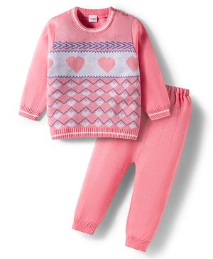 Babyhug Knitted Full Sleeves Sweater Set With Heart Design - Pink