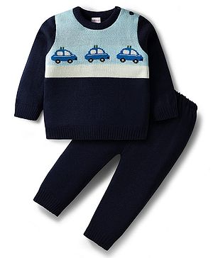 Babyhug Knit Full Sleeves Sweater Set with Police Car Print - Navy Blue