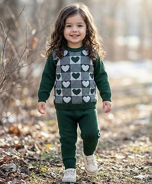 Babyhug Knit Full Sleeves Sweater Set With Heart Design - Green