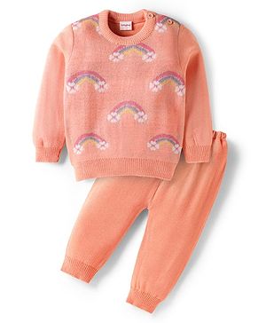 Babyhug Knit Full Sleeves Pullover Sweater Set With Rainbow Design - Multi Colour