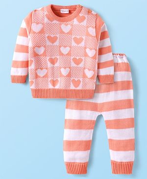 Babyhug Knit Full Sleeves Pullover Sweater Set With Heart & Stripes Design - Pink