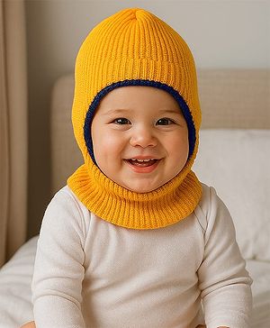 Babyhug Knit Solid Color Woollen Monkey Cap Yellow - Diameter 13 cm